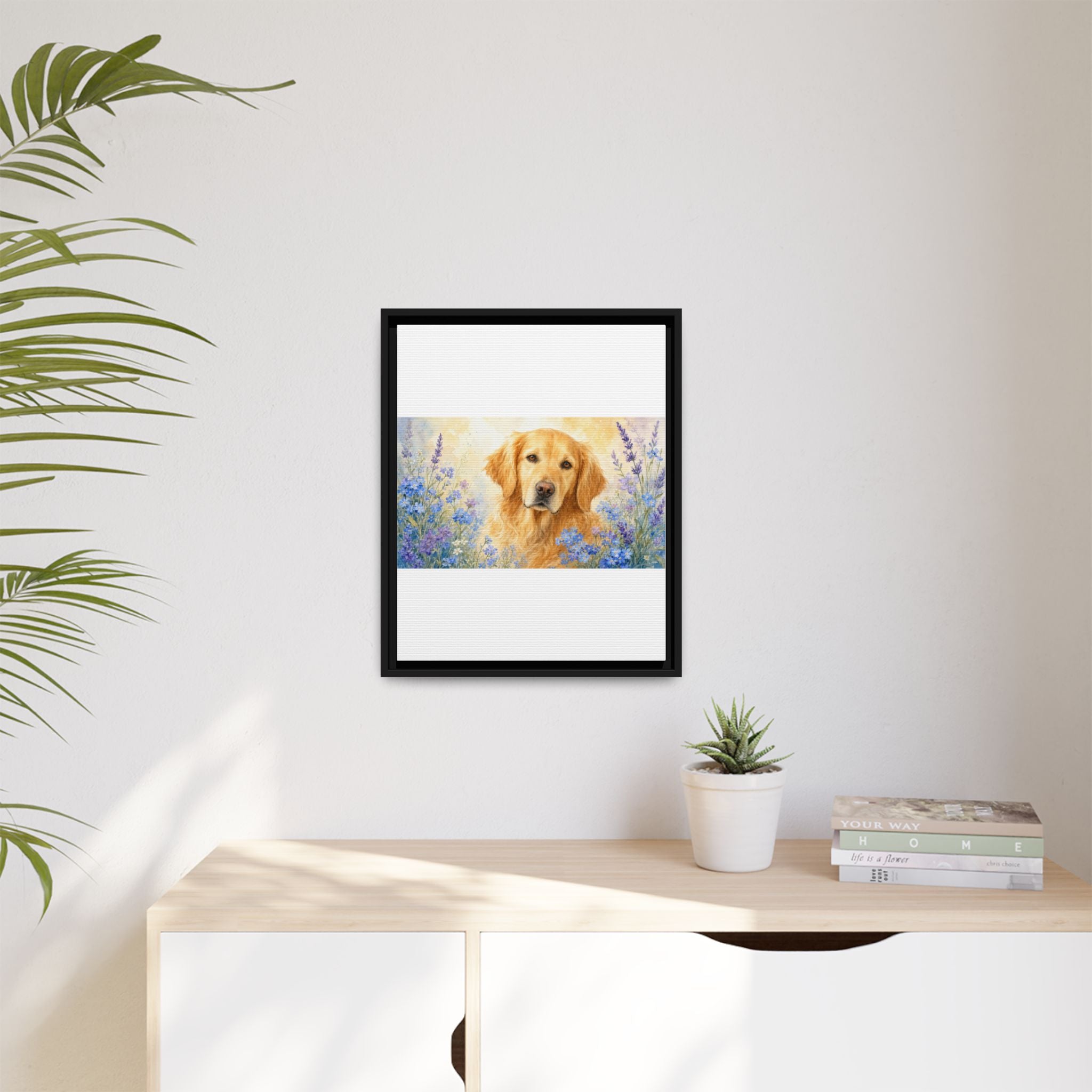 Custom Pet Portrait — Watercolor with Florals — Framed Canvas