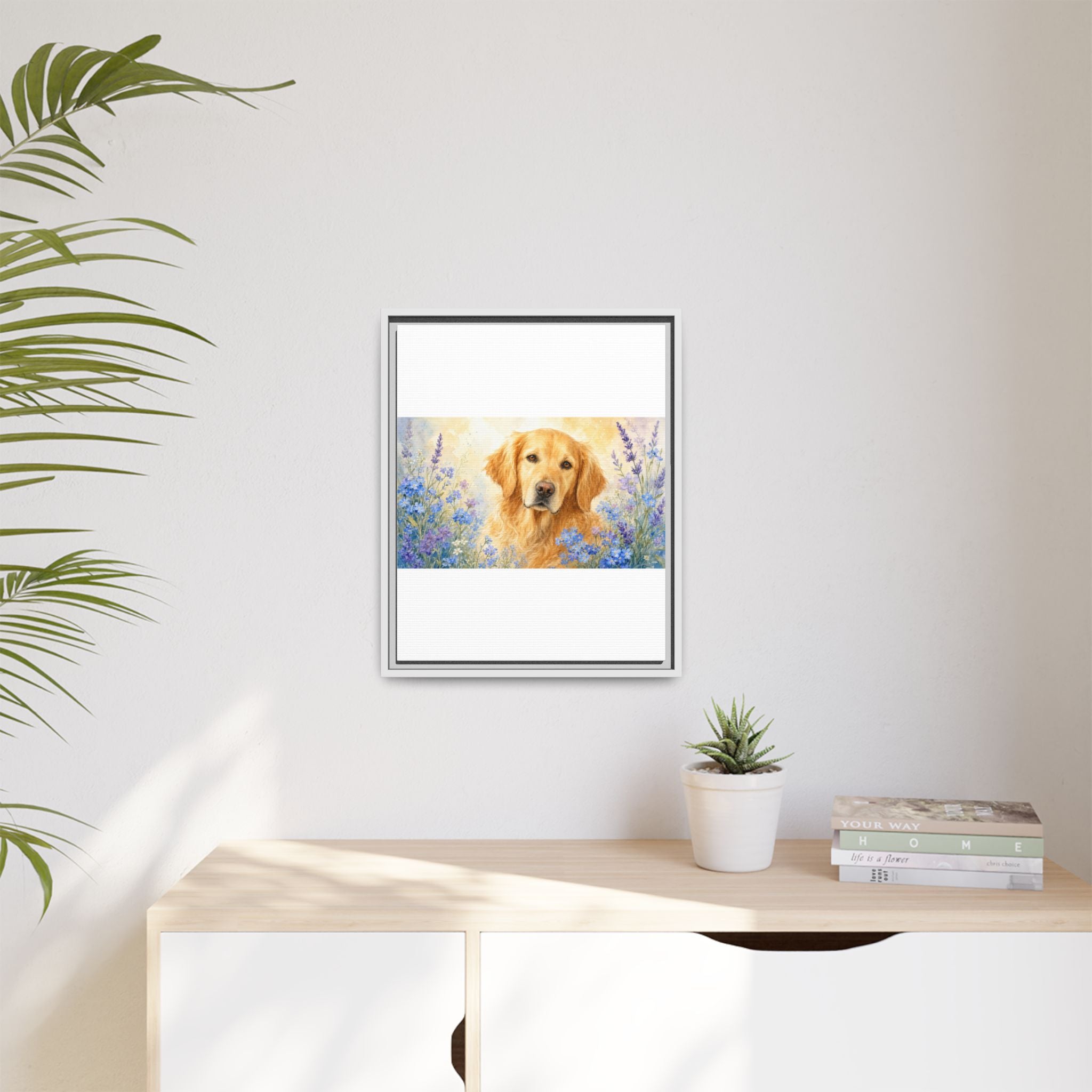 Custom Pet Portrait — Watercolor with Florals — Framed Canvas